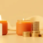 Flat vector illustration of a poured soy candle in a glass jar beside a price tag and a few stacked coins, clean minimal style, soft warm colors, no text and no numbers