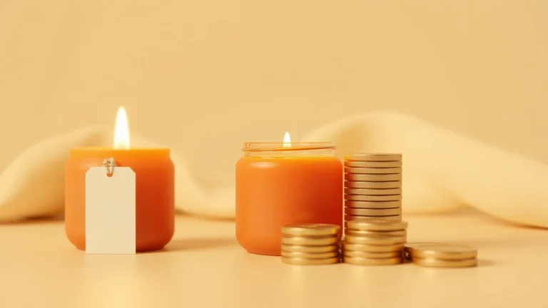 Flat vector illustration of a poured soy candle in a glass jar beside a price tag and a few stacked coins, clean minimal style, soft warm colors, no text and no numbers