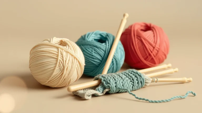 Flat vector illustration of two knitting needles holding a row of even loops of yarn with a ball of yarn resting beside them, clean minimal style, soft cohesive teal and amber colors, no text and no numbers