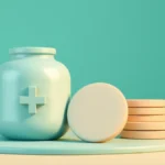 Soft-3D stylized scene of a small medical-cross jar beside a stack of rounded blank disks and a shield shape on a clean studio backdrop, teal and amber palette, no text or numbers