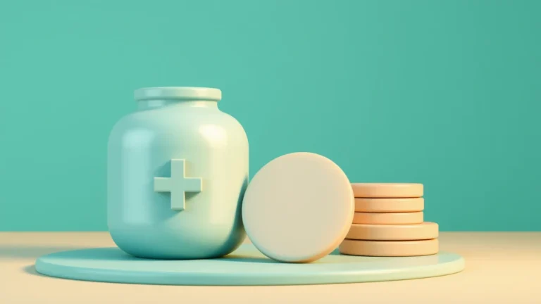 Soft-3D stylized scene of a small medical-cross jar beside a stack of rounded blank disks and a shield shape on a clean studio backdrop, teal and amber palette, no text or numbers