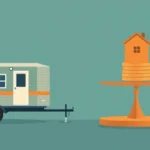 flat vector illustration of a mobile home on a flatbed trailer beside a balance scale and a small house, teal and amber palette, clean and calm, no text