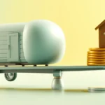 flat vector illustration of a mobile home on a flatbed trailer beside a balance scale and a small house, teal and amber palette, clean and calm, no text