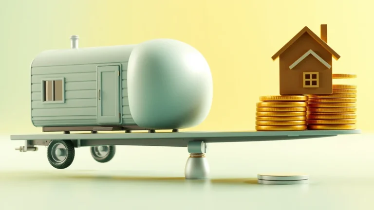 flat vector illustration of a mobile home on a flatbed trailer beside a balance scale and a small house, teal and amber palette, clean and calm, no text