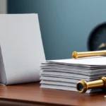 Stacks of blank paper pages beside brass telescope parts on a wooden desk