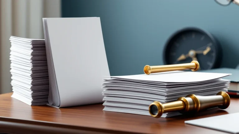 Stacks of blank paper pages beside brass telescope parts on a wooden desk