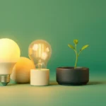 A glowing LED bulb beside a dim old filament bulb on a clean surface with a small green sprout, soft studio scene