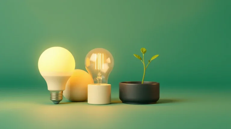 A glowing LED bulb beside a dim old filament bulb on a clean surface with a small green sprout, soft studio scene