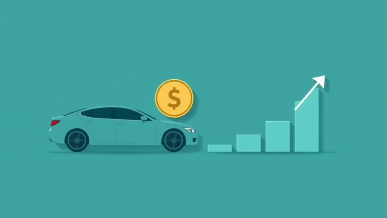Flat illustration of a car outline beside a dollar coin and a downward income ramp