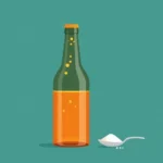 Flat vector illustration of capped glass bottles with rising carbon dioxide bubbles beside a small spoon of white sugar granules