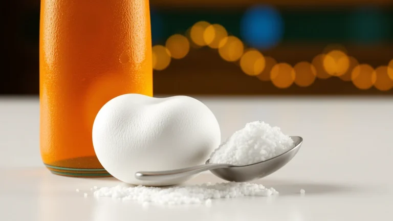Flat vector illustration of capped glass bottles with rising carbon dioxide bubbles beside a small spoon of white sugar granules