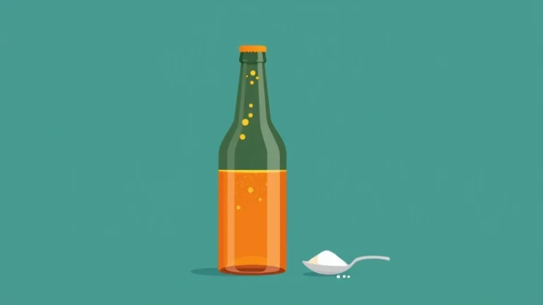 Flat vector illustration of capped glass bottles with rising carbon dioxide bubbles beside a small spoon of white sugar granules