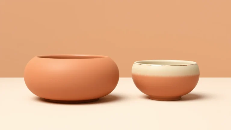 Flat vector illustration of two ceramic pots side by side on a workbench, one larger wet clay pot and one smaller fired pot, with a potters wheel in the background, clean minimal style, soft earthy colors, no text and no numbers and no faces