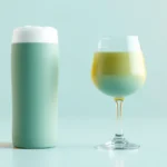Flat vector of three simple drink glasses of different shapes lined up in a row above a single round measure badge, abstract shapes only
