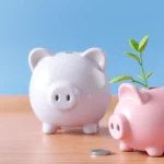 Soft-3D stylized piggy bank and a small sprouting plant in a pot on a clean studio backdrop, soft blue and green palette, no text no numbers no faces