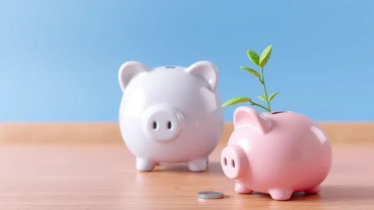Soft-3D stylized piggy bank and a small sprouting plant in a pot on a clean studio backdrop, soft blue and green palette, no text no numbers no faces