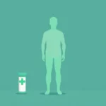 Flat vector of an abstract human silhouette outlined with a soft grid, beside simple geometric shapes in teal and amber, no text or numbers