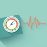 Flat vector of a stylized heart linked to a smooth curved pressure wave and a simple round dial, abstract shapes only
