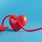 Flat vector of a stylized heart linked to a smooth curved pressure wave and a simple round dial, abstract shapes only