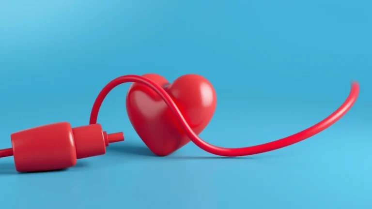 Flat vector of a stylized heart linked to a smooth curved pressure wave and a simple round dial, abstract shapes only