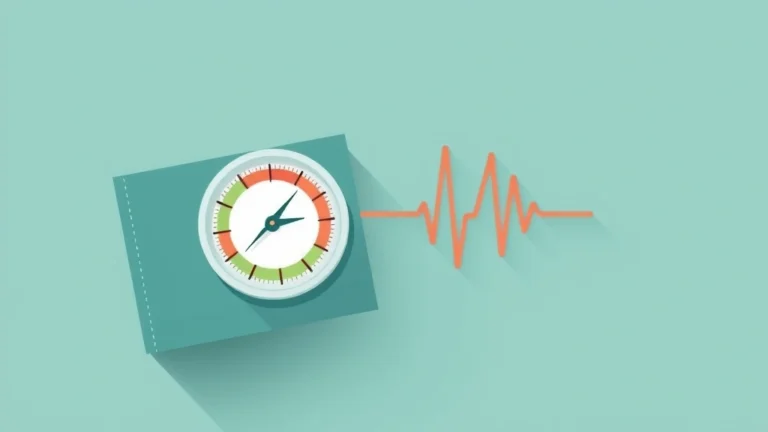 Flat vector of a stylized heart linked to a smooth curved pressure wave and a simple round dial, abstract shapes only